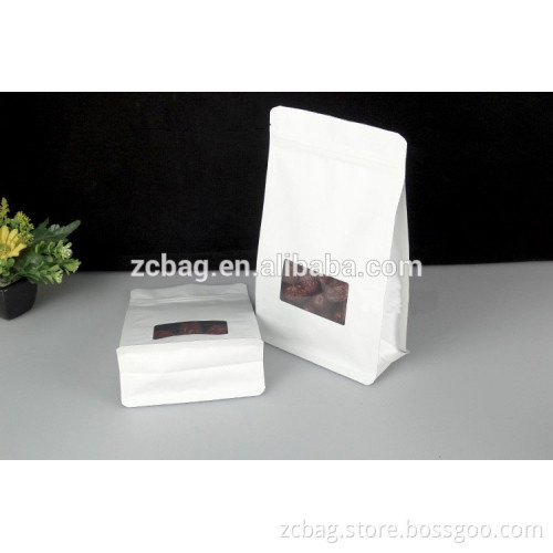 flat bottom square standup zipper white Kraft paper laminate matter window boxpouch quad eight side seal gusset packaging bags